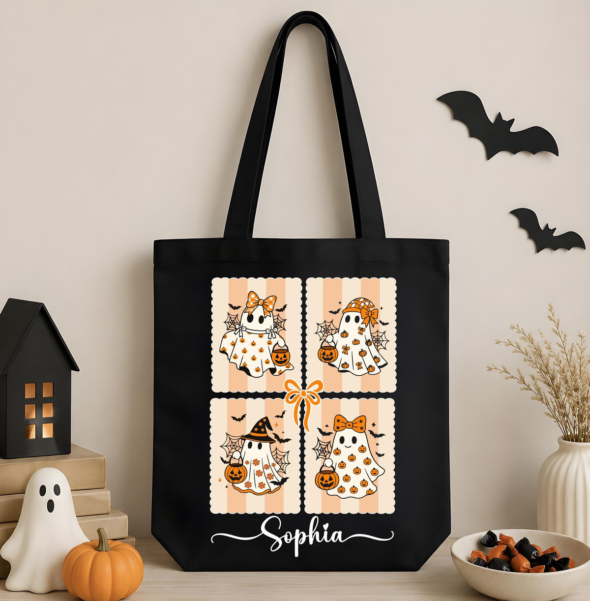 Personalized Cute Ghost Halloween Canvas Tote Bag