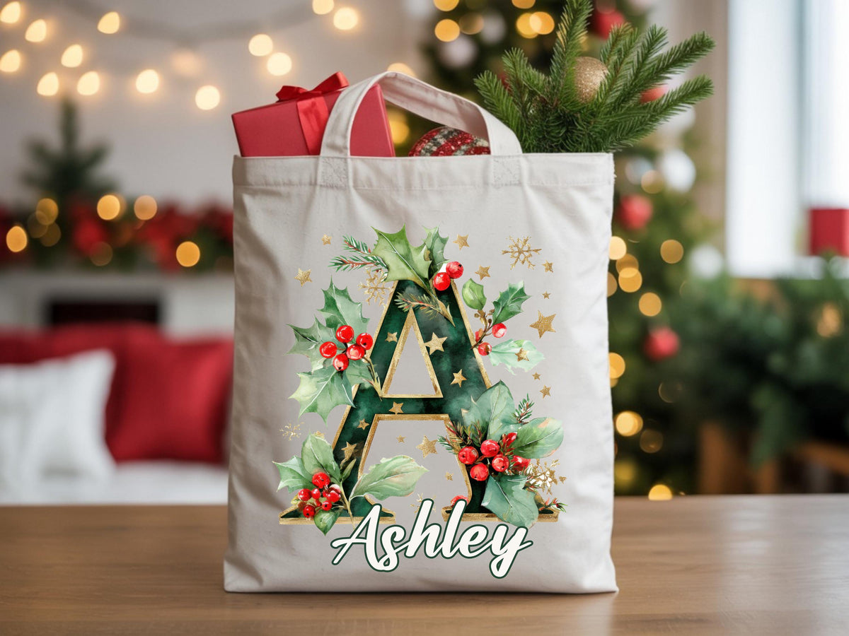 Monogram Name Christmas Tote Bag, Custom Xmas Initial Letter Bag, Holiday Season Gift Tote