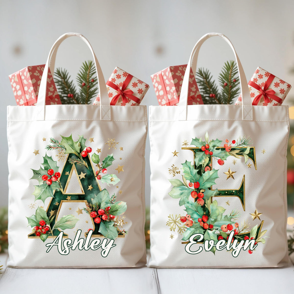Monogram Name Christmas Tote Bag, Custom Xmas Initial Letter Bag, Holiday Season Gift Tote