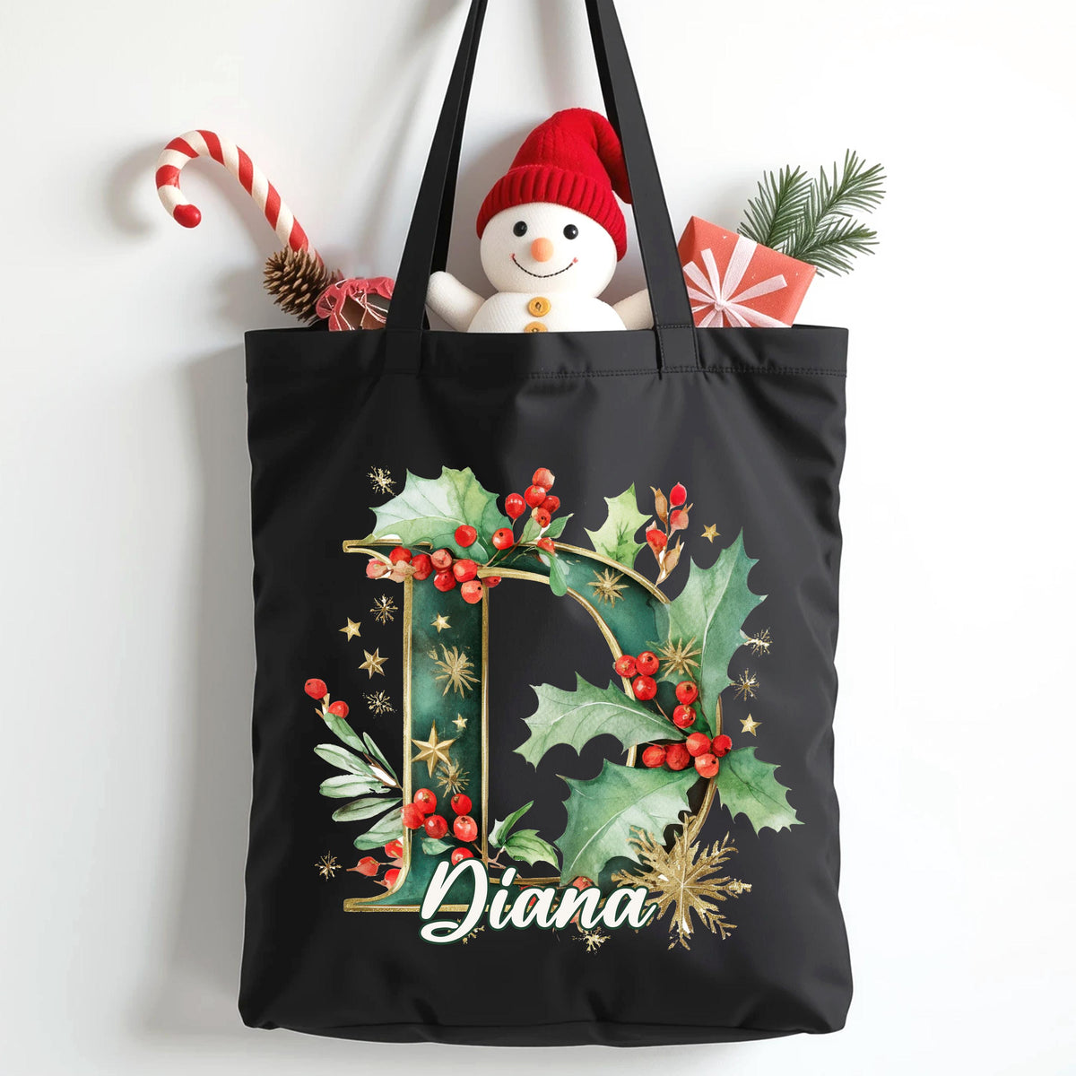 Monogram Name Christmas Tote Bag, Custom Xmas Initial Letter Bag, Holiday Season Gift Tote