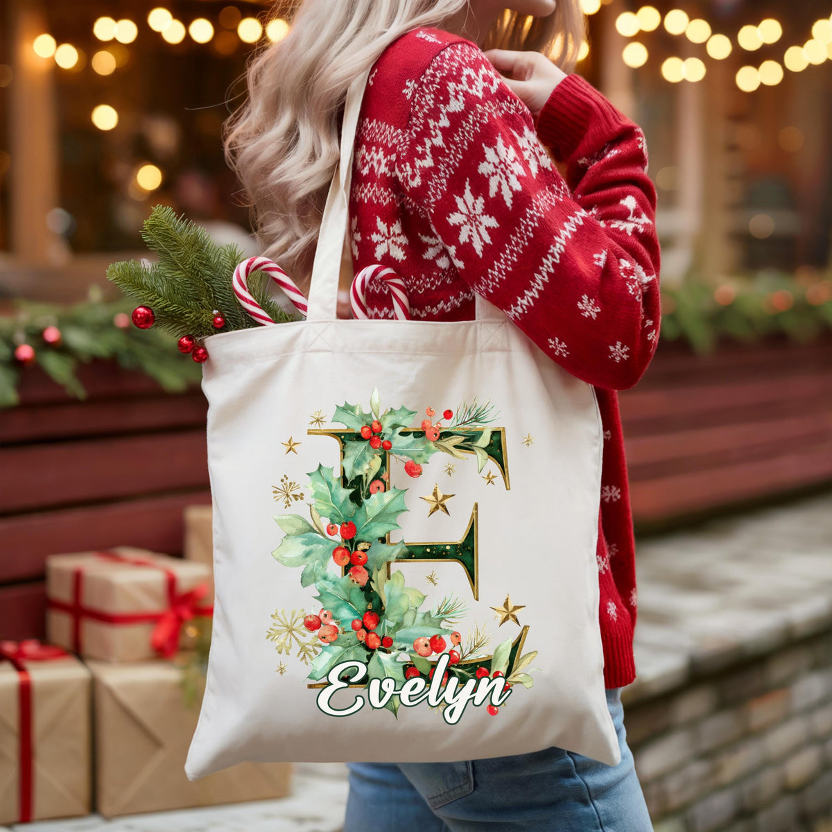 Monogram Name Christmas Tote Bag, Custom Xmas Initial Letter Bag, Holiday Season Gift Tote