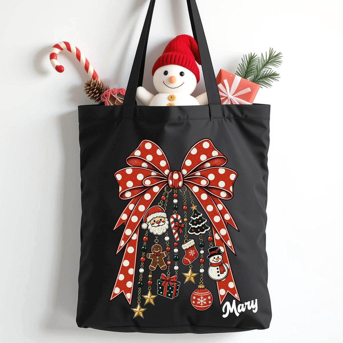 Custom Name Christmas Tote Bag, Coquette Bow Holiday Season Tote, Xmas Family Gift Bag