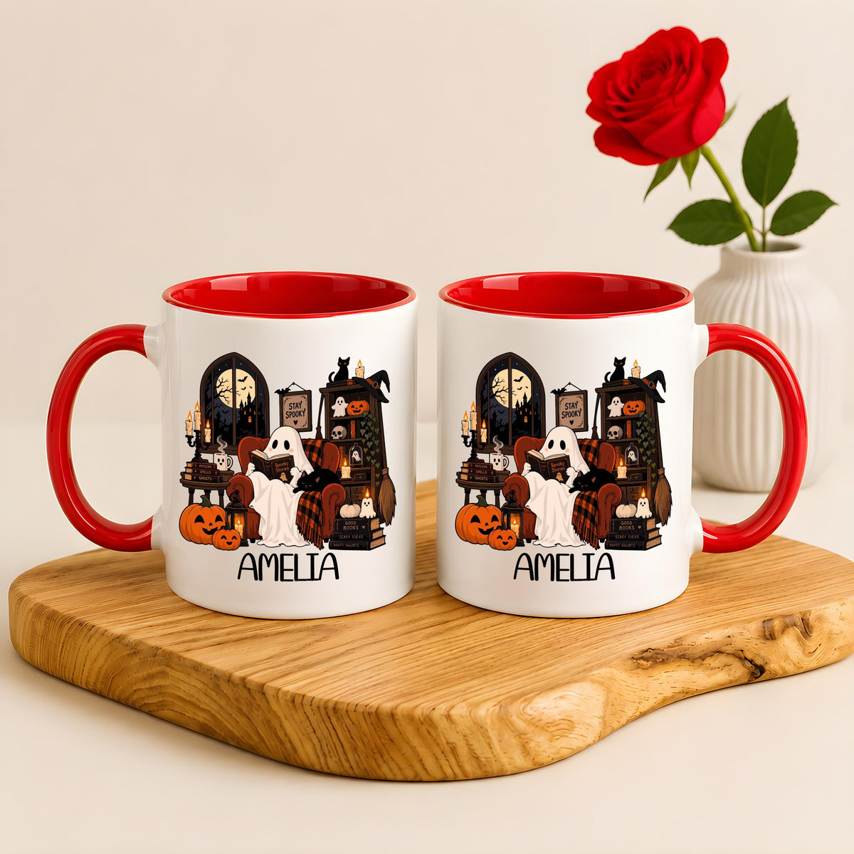 Personalized Bookish Ghost Halloween Ceramic Mug