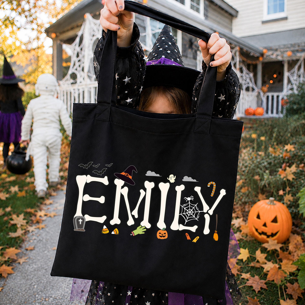 Custom Name Halloween Tote Bag, Spooky Kids Tote Bag, Trick or Treat Matching Totes