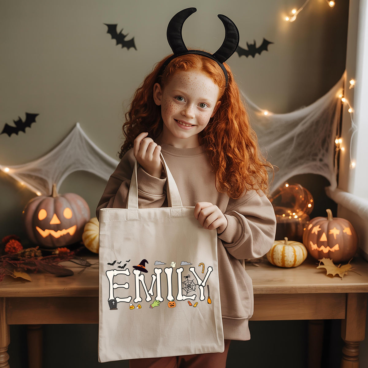 Custom Name Halloween Tote Bag, Spooky Kids Tote Bag, Trick or Treat Matching Totes