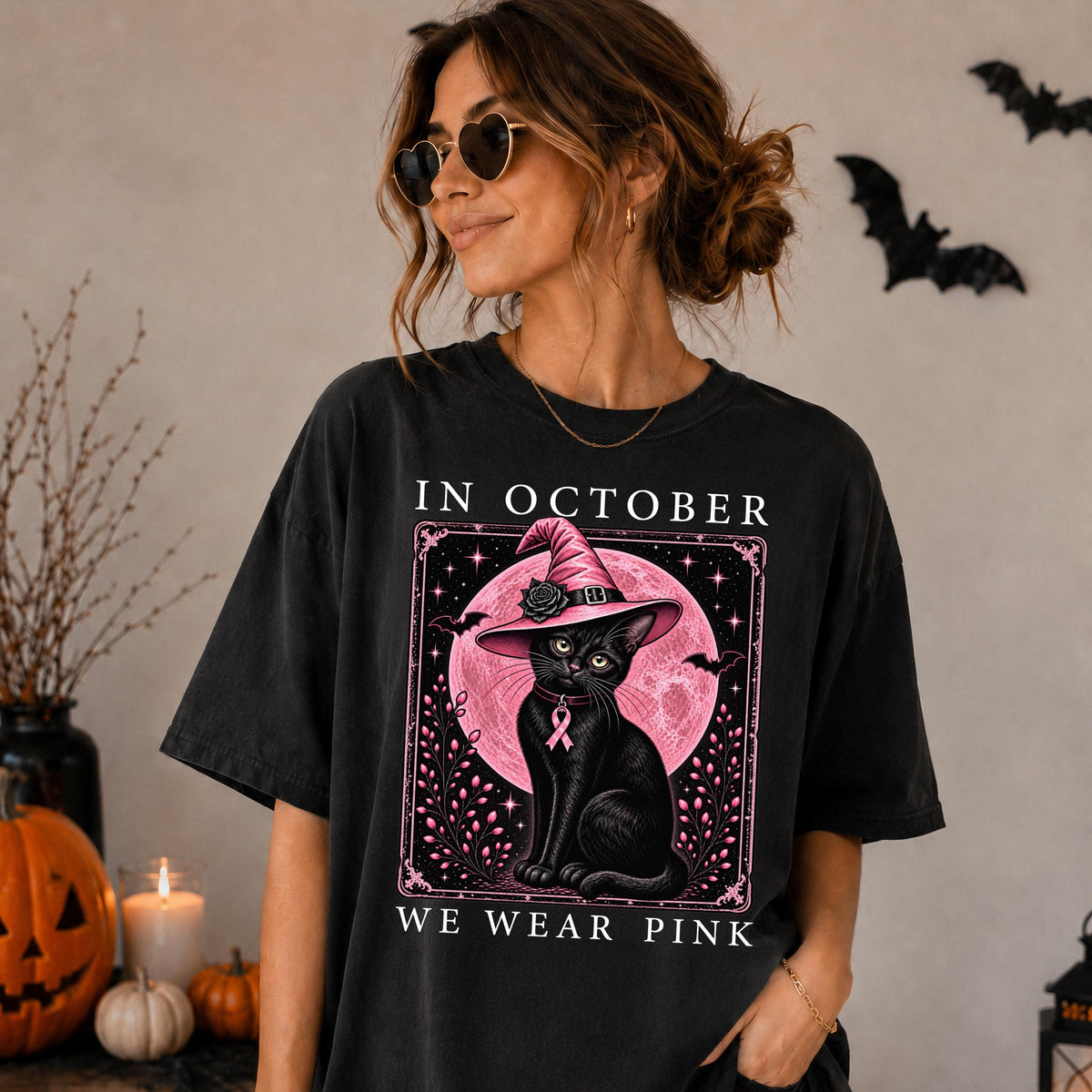 In October We Wear Pink Comfort Colors® Shirt, Halloween Cat Breast Cancer Gift Tee, Pink Ribbon Witch Hat T-shirt