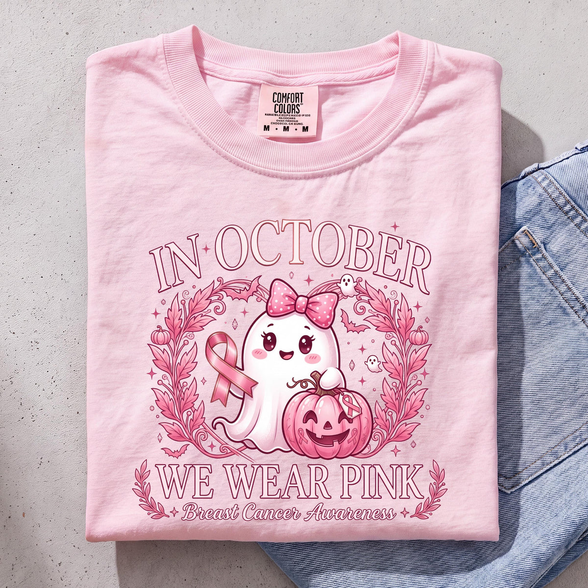 Halloween Breast Cancer Comfort Colors® Shirt, In October We Wear Pink Tee, Breast Cancer Awareness Ghost T-shirt