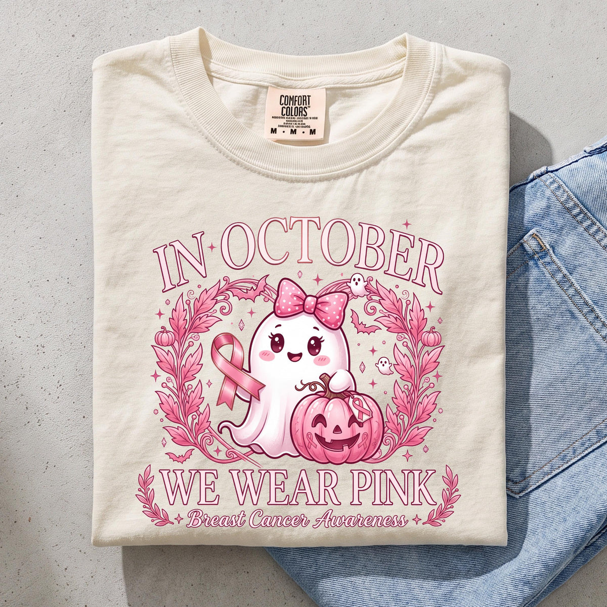 Halloween Breast Cancer Comfort Colors® Shirt, In October We Wear Pink Tee, Breast Cancer Awareness Ghost T-shirt