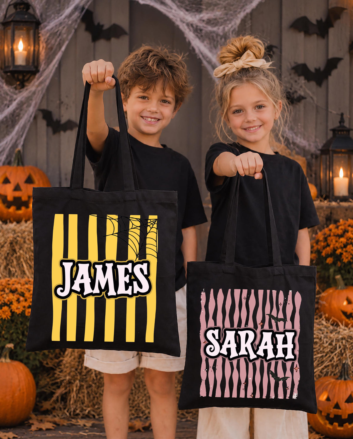 Personalized Halloween Tote Bag, Spooky Season Kids Gift Bag, Trick or Treat Matching Totes