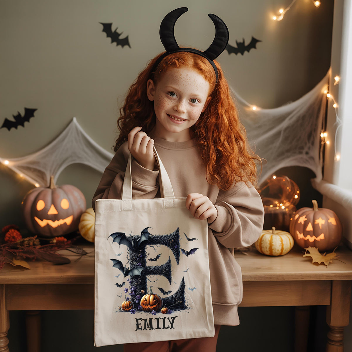 Custom Halloween Tote Bag, Spooky Season Monogram Kids Bag, Trick or Treat Gift Tote