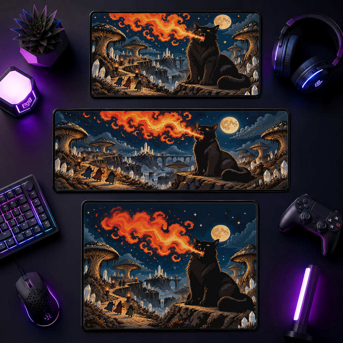 Fire Breathing Black Cat Gaming Mouse Pad, Halloween Desk Mat (3mm Thick)