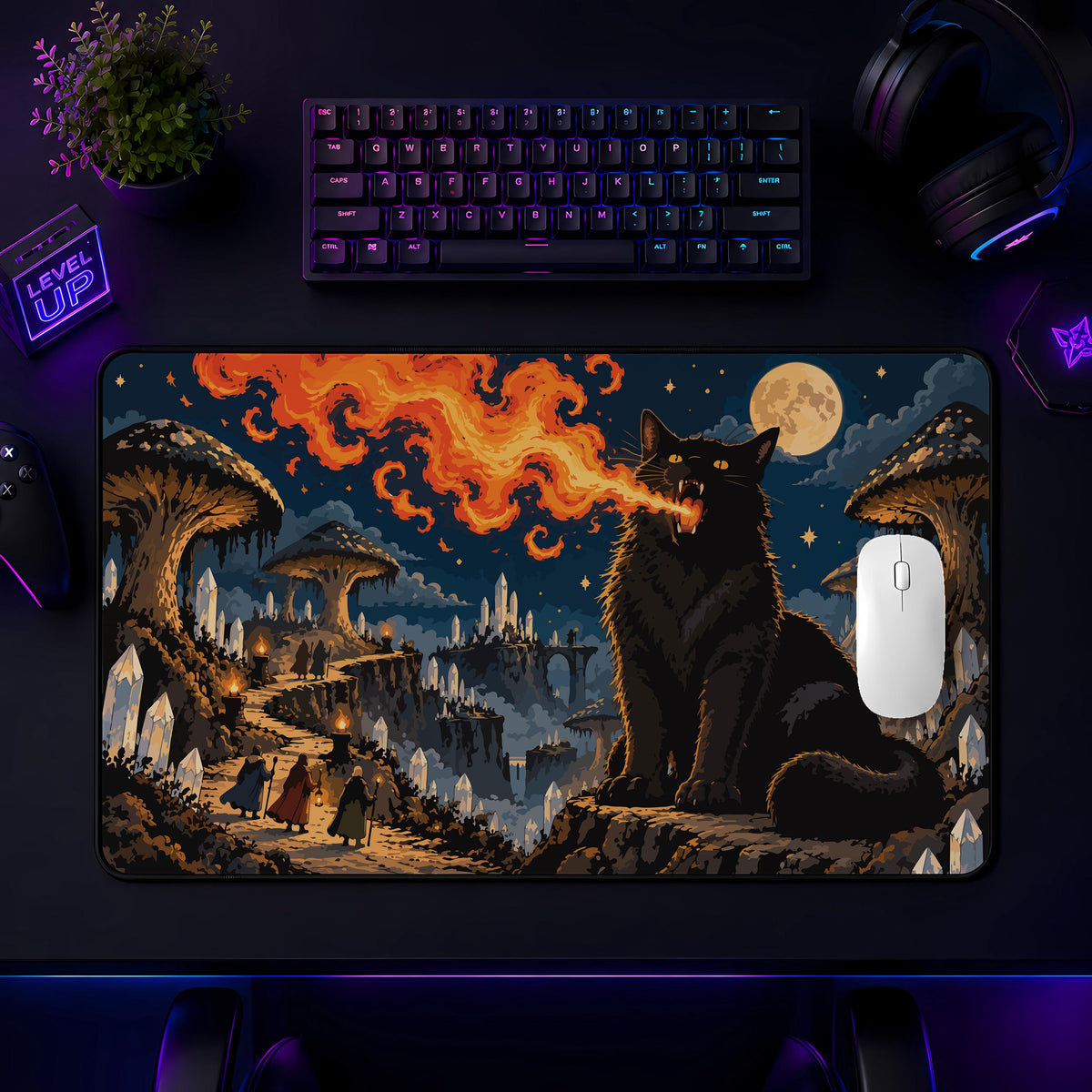 Fire Breathing Black Cat Gaming Mouse Pad, Halloween Desk Mat (3mm Thick)