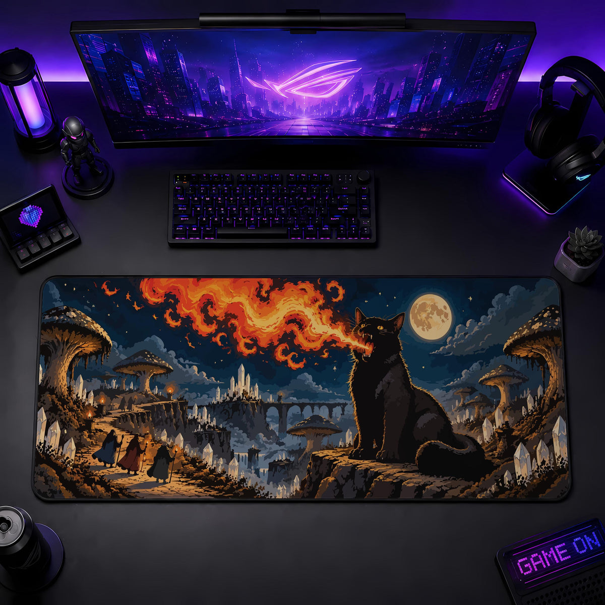 Fire Breathing Black Cat Gaming Mouse Pad, Halloween Desk Mat (3mm Thick)