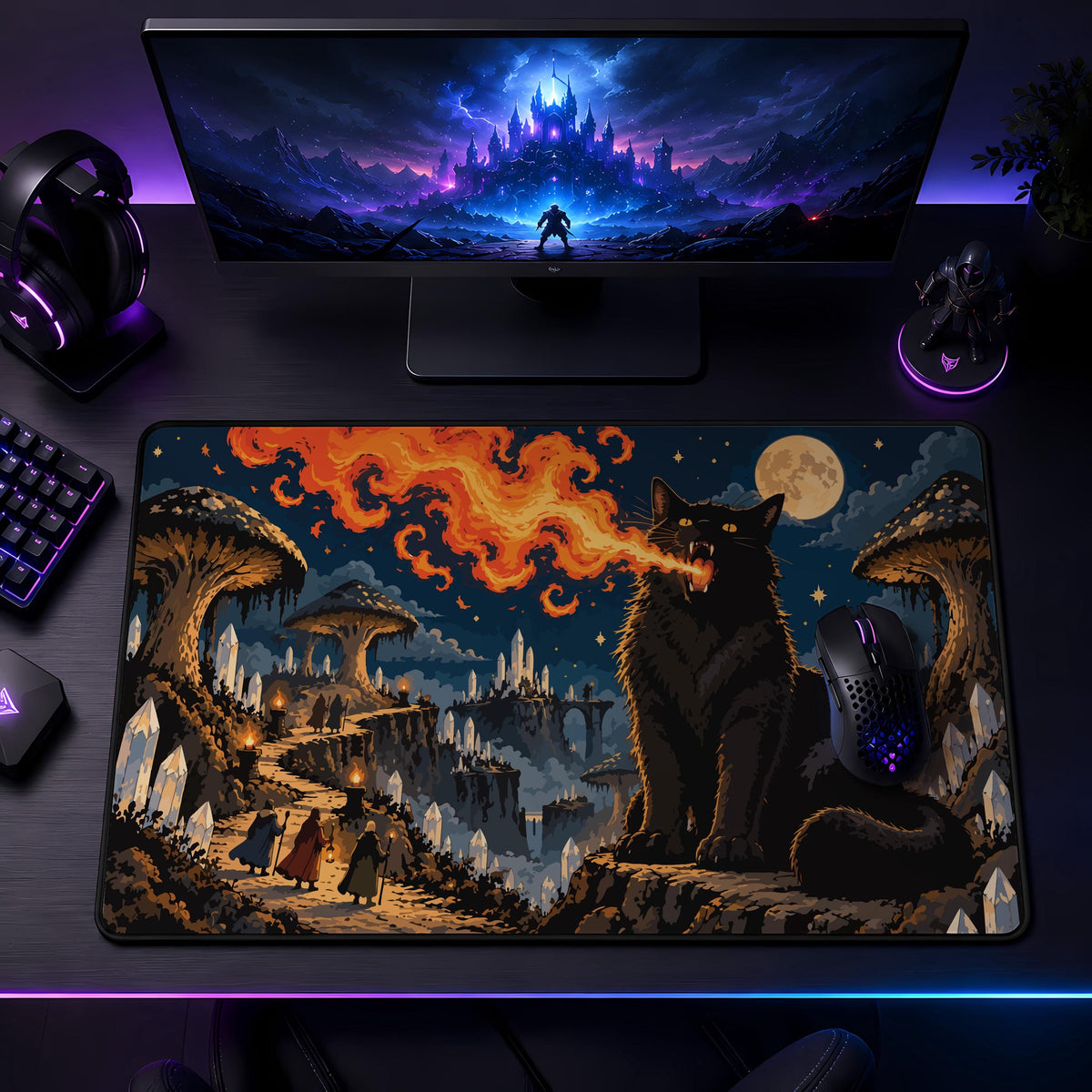 Fire Breathing Black Cat Gaming Mouse Pad, Halloween Desk Mat (3mm Thick)