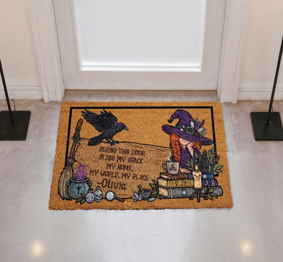 Personalized Witch Doormat, Custom Name Welcome Mat, Coir Fiber, Halloween Housewarming Gift