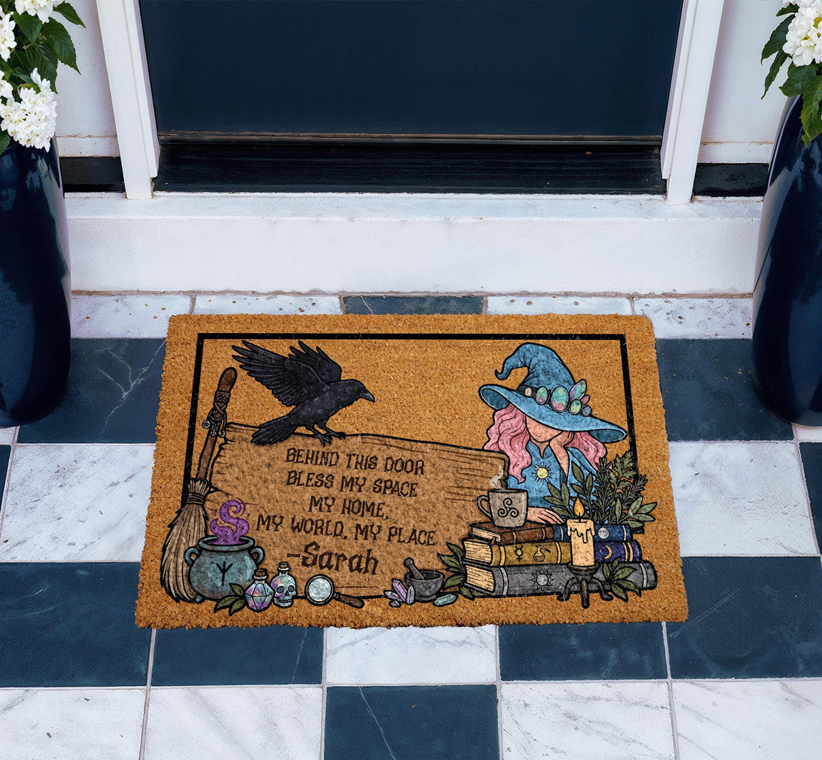 Personalized Witch Doormat, Custom Name Welcome Mat, Coir Fiber, Halloween Housewarming Gift