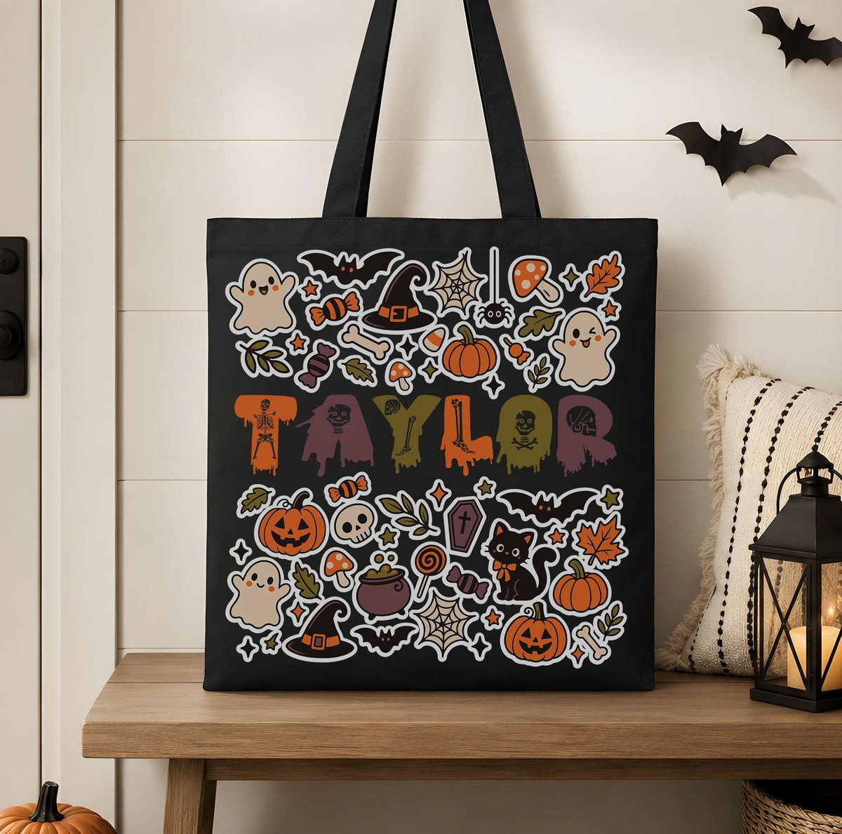 Personalized Halloween Tote Bag, Custom Spooky Bag, Ghost Pumpkin Shopping Bag