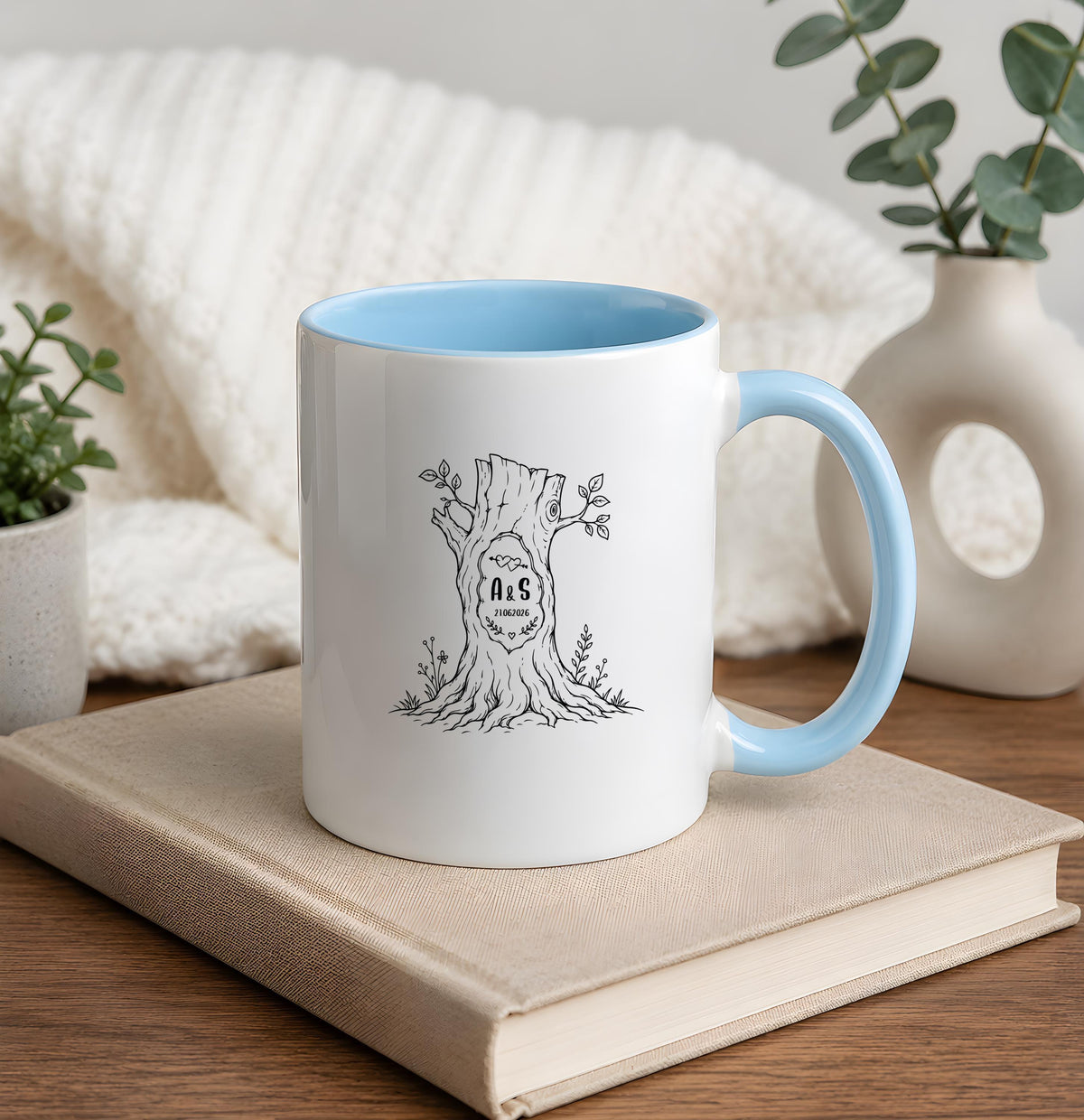 Custom Initial Tree Trunk Mug, Couples Name Date Coffee Cup, Carved Heart Anniversary Gift