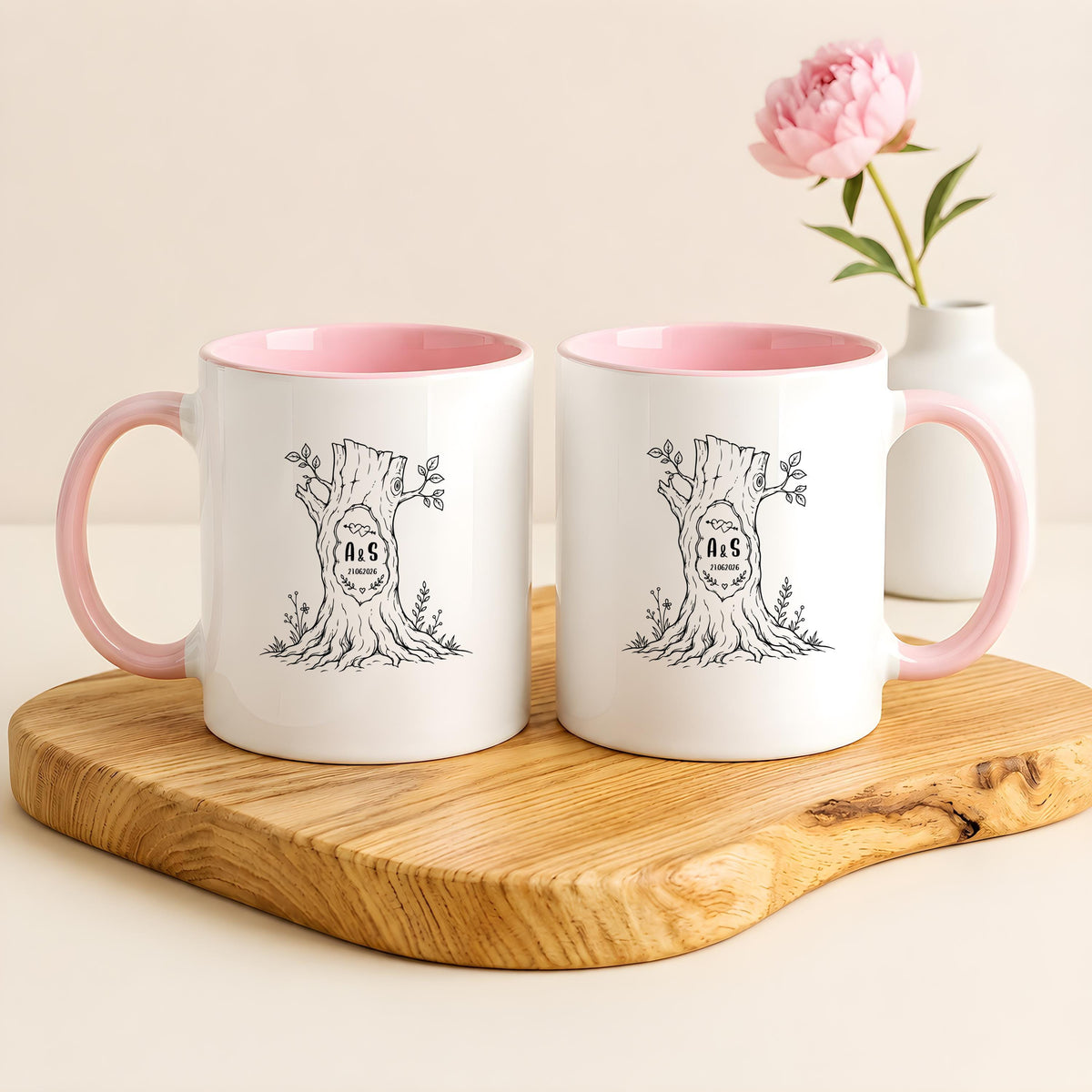 Custom Initial Tree Trunk Mug, Couples Name Date Coffee Cup, Carved Heart Anniversary Gift