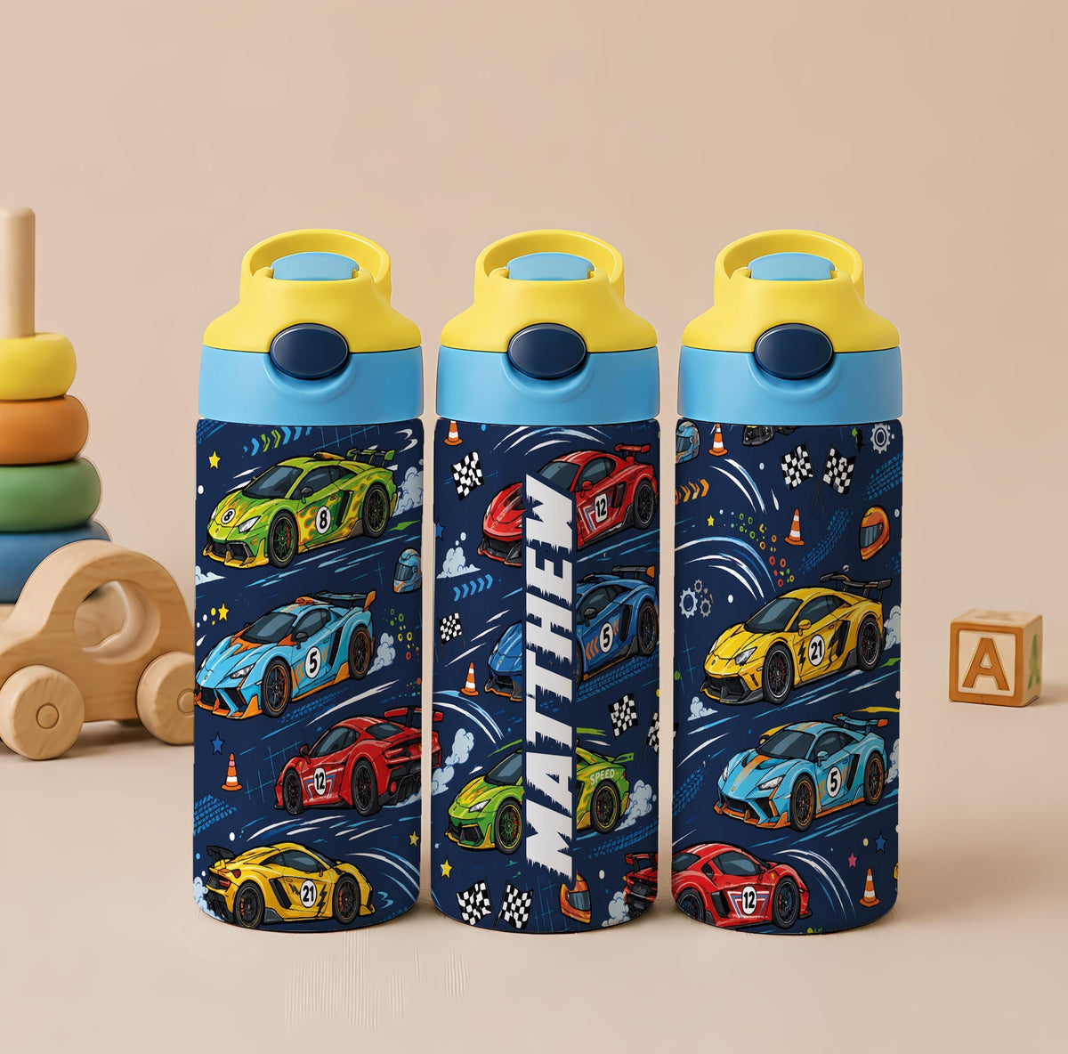 Personalized Race Car Kids Tumbler, 12oz Stainless Steel Cup with Handle (Custom Name)