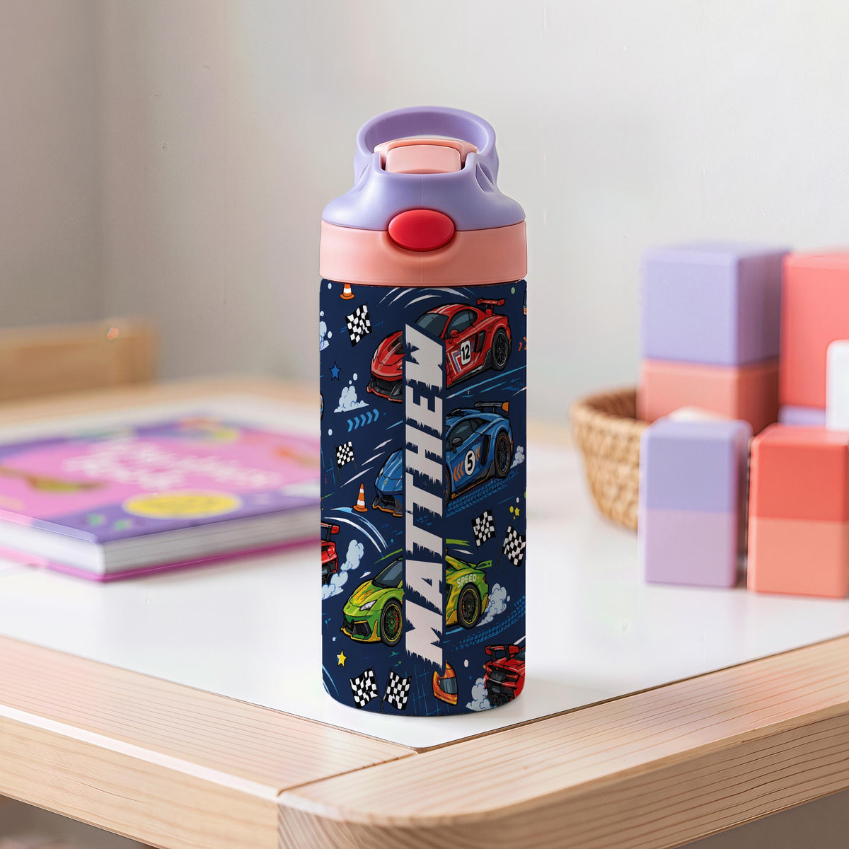 Personalized Race Car Kids Tumbler, 12oz Stainless Steel Cup with Handle (Custom Name)