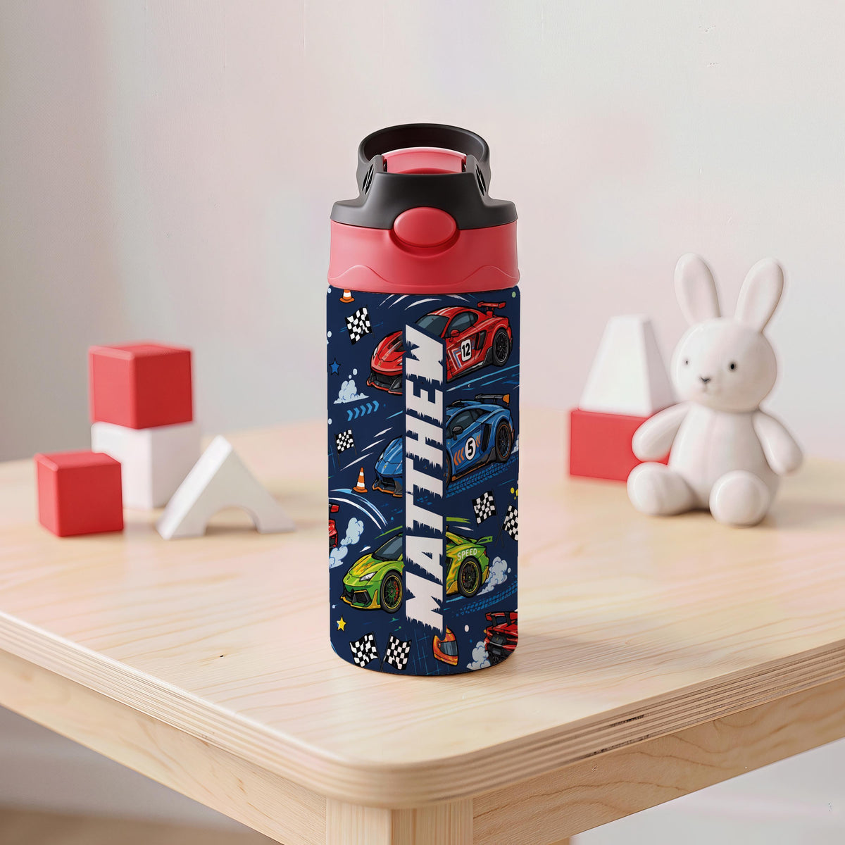 Personalized Race Car Kids Tumbler, 12oz Stainless Steel Cup with Handle (Custom Name)