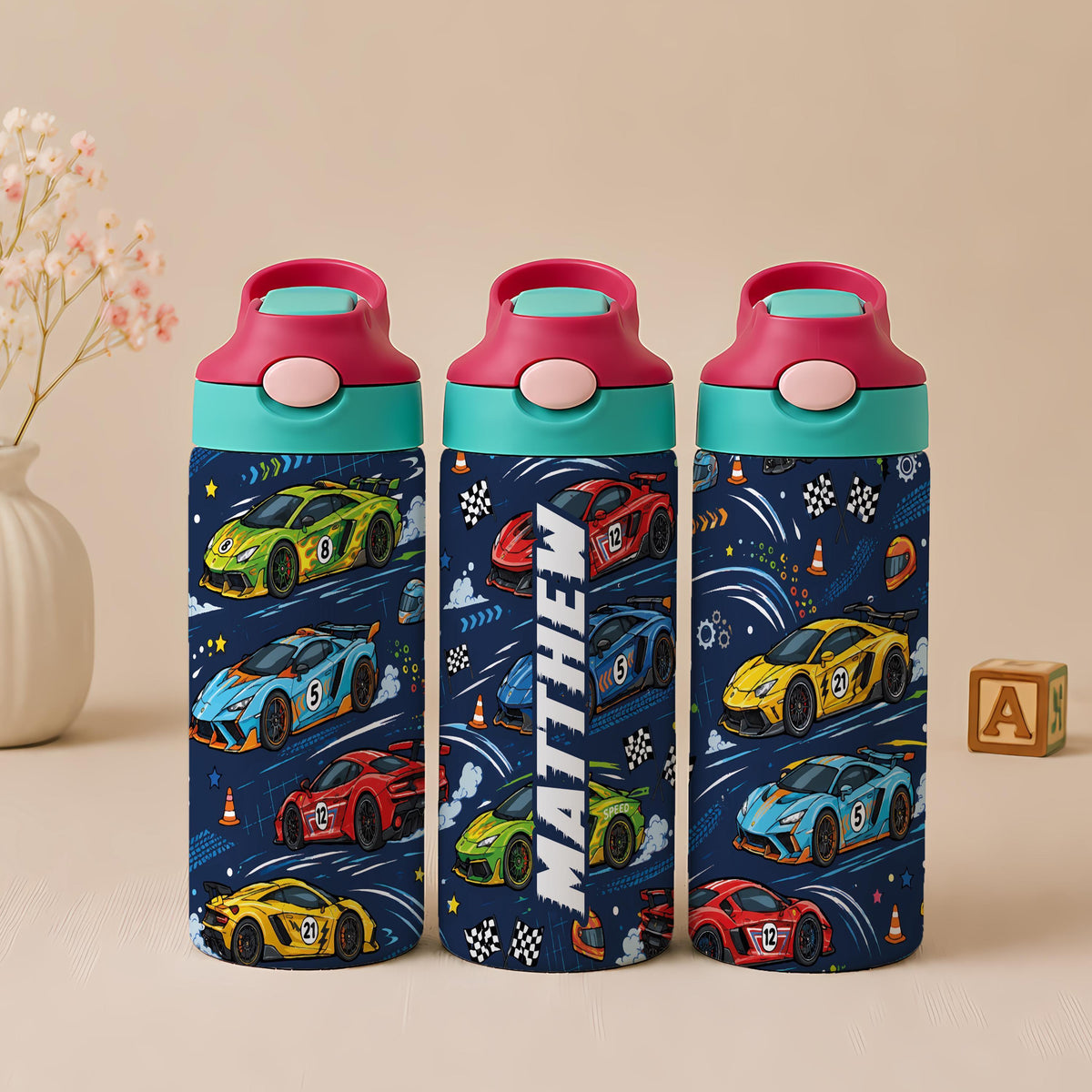 Personalized Race Car Kids Tumbler, 12oz Stainless Steel Cup with Handle (Custom Name)