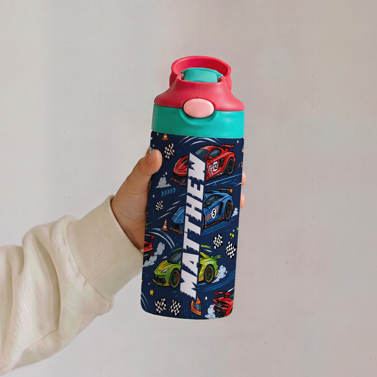 Personalized Race Car Kids Tumbler, 12oz Stainless Steel Cup with Handle (Custom Name)