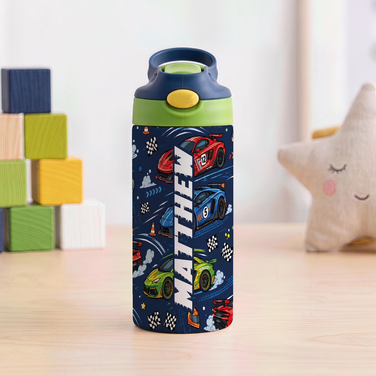 Personalized Race Car Kids Tumbler, 12oz Stainless Steel Cup with Handle (Custom Name)