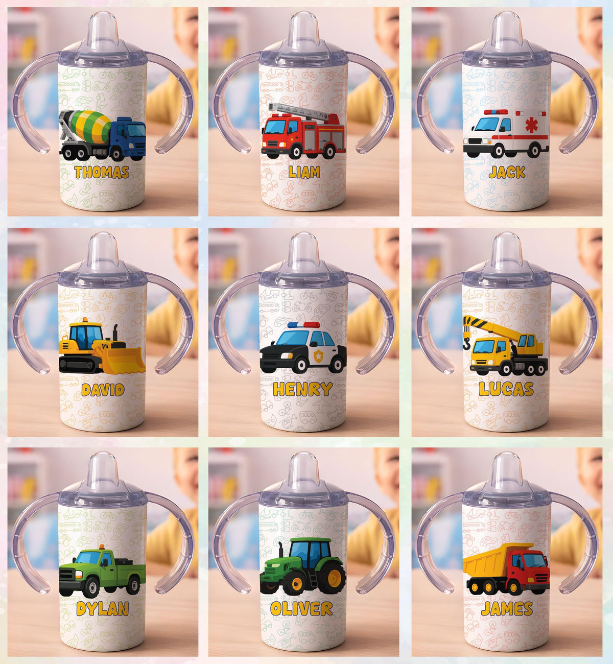 Personalized Toddler Tumbler, Fire Truck, Tractor, Police Car (12oz)