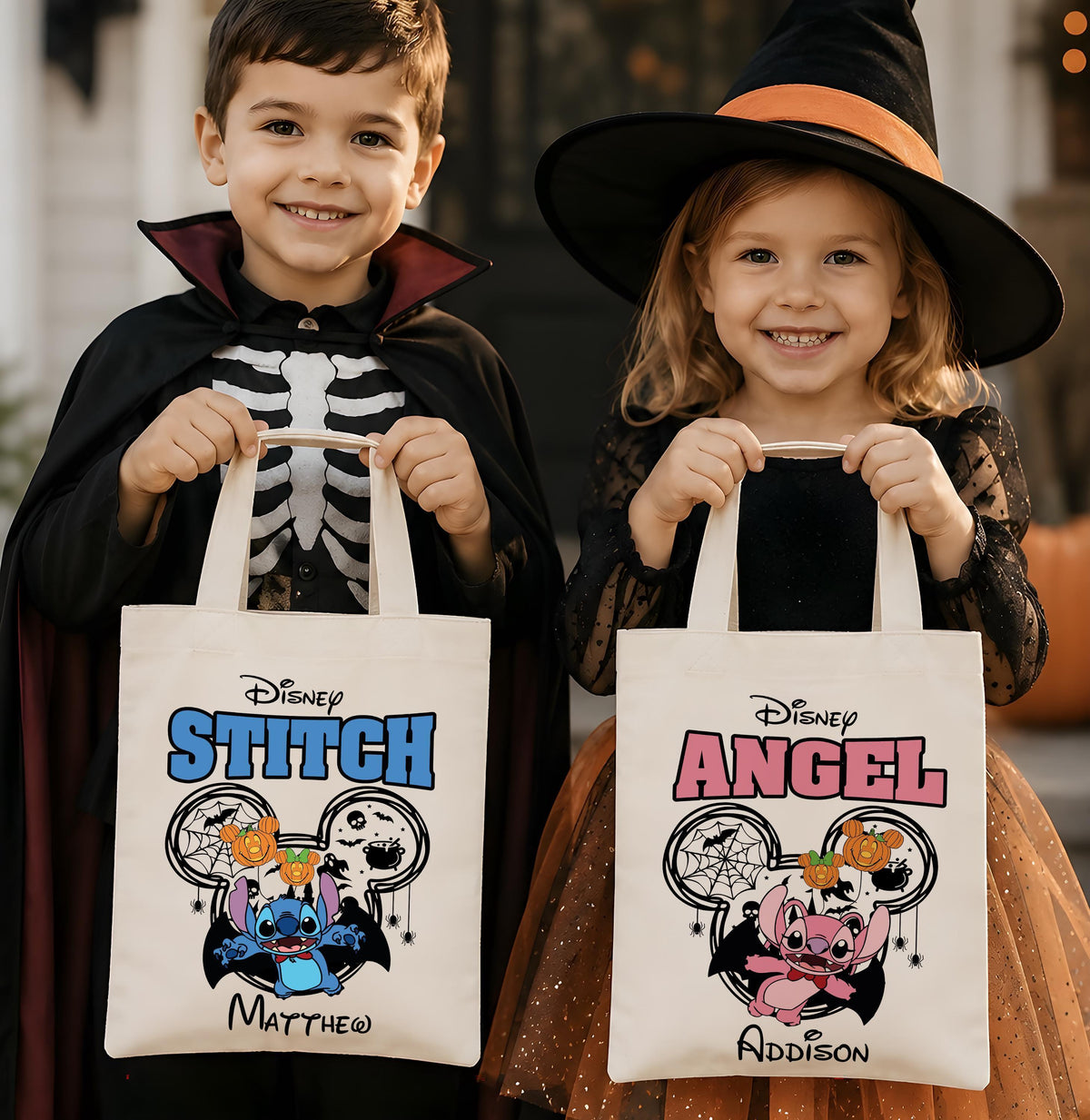 Personalized Halloween Trick or Treat Bag, Custom Blue Pink Cute Monster Canvas Tote Bag