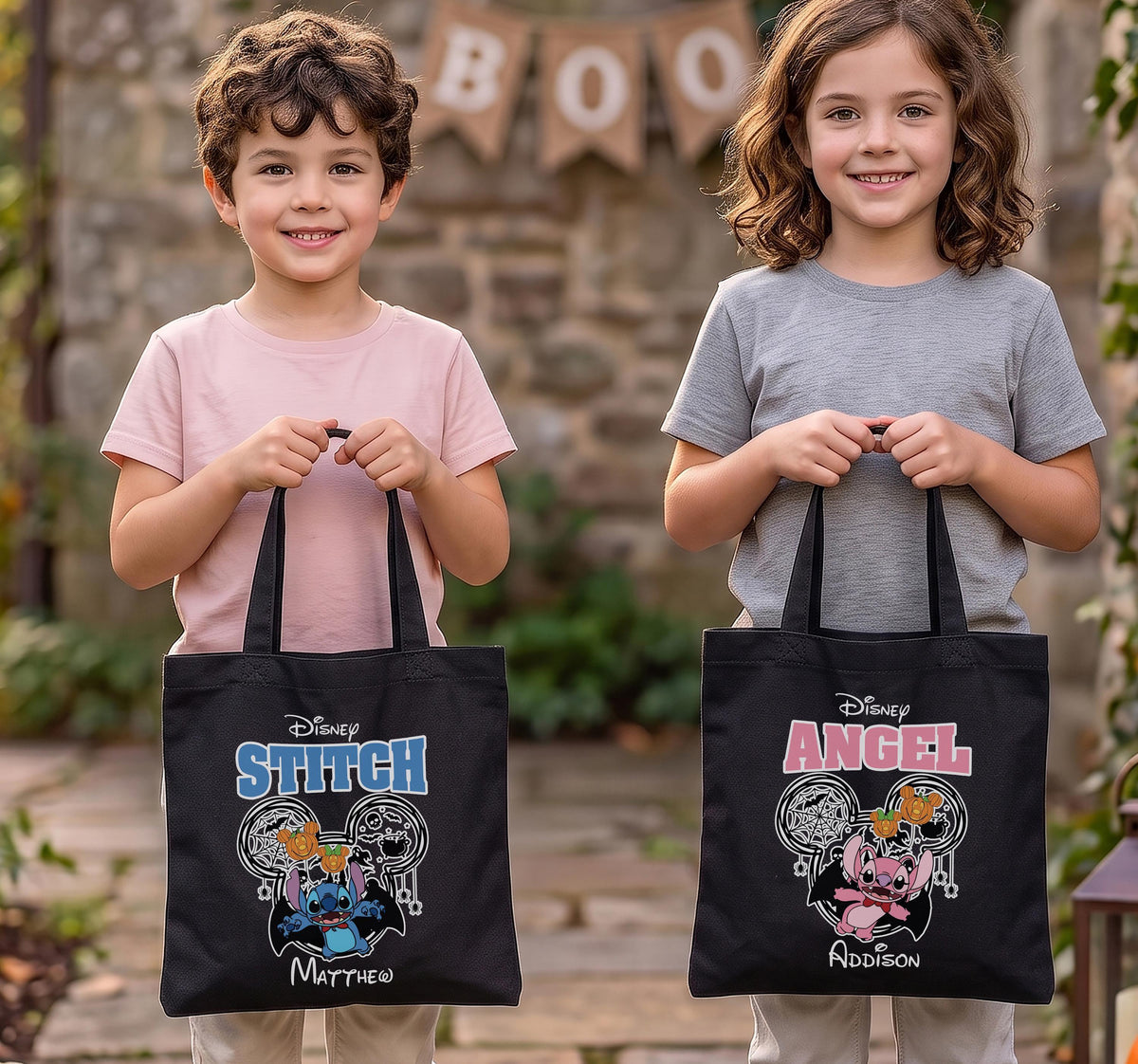 Personalized Halloween Trick or Treat Bag, Custom Blue Pink Cute Monster Canvas Tote Bag