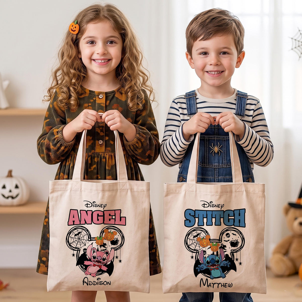 Personalized Halloween Trick or Treat Bag, Custom Blue Pink Cute Monster Canvas Tote Bag