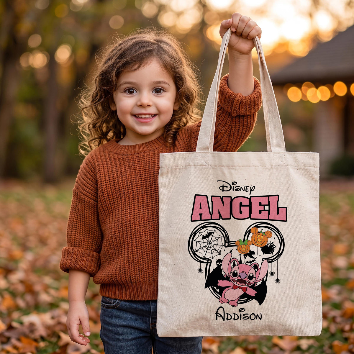 Personalized Halloween Trick or Treat Bag, Custom Blue Pink Cute Monster Canvas Tote Bag