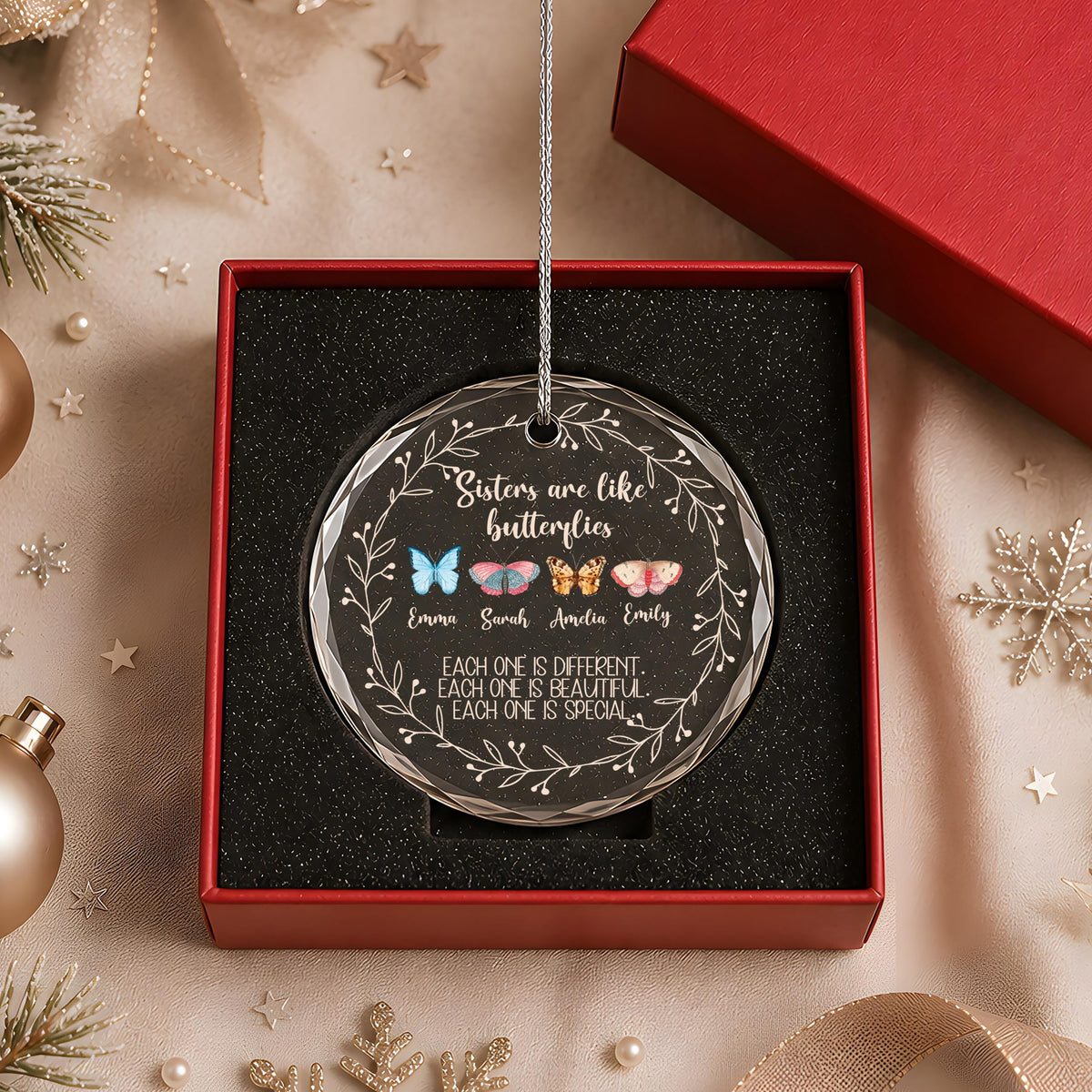 Custom Crystal Glass Ornament, Personalized Butterfly Sisters Gift (Round or Heart)