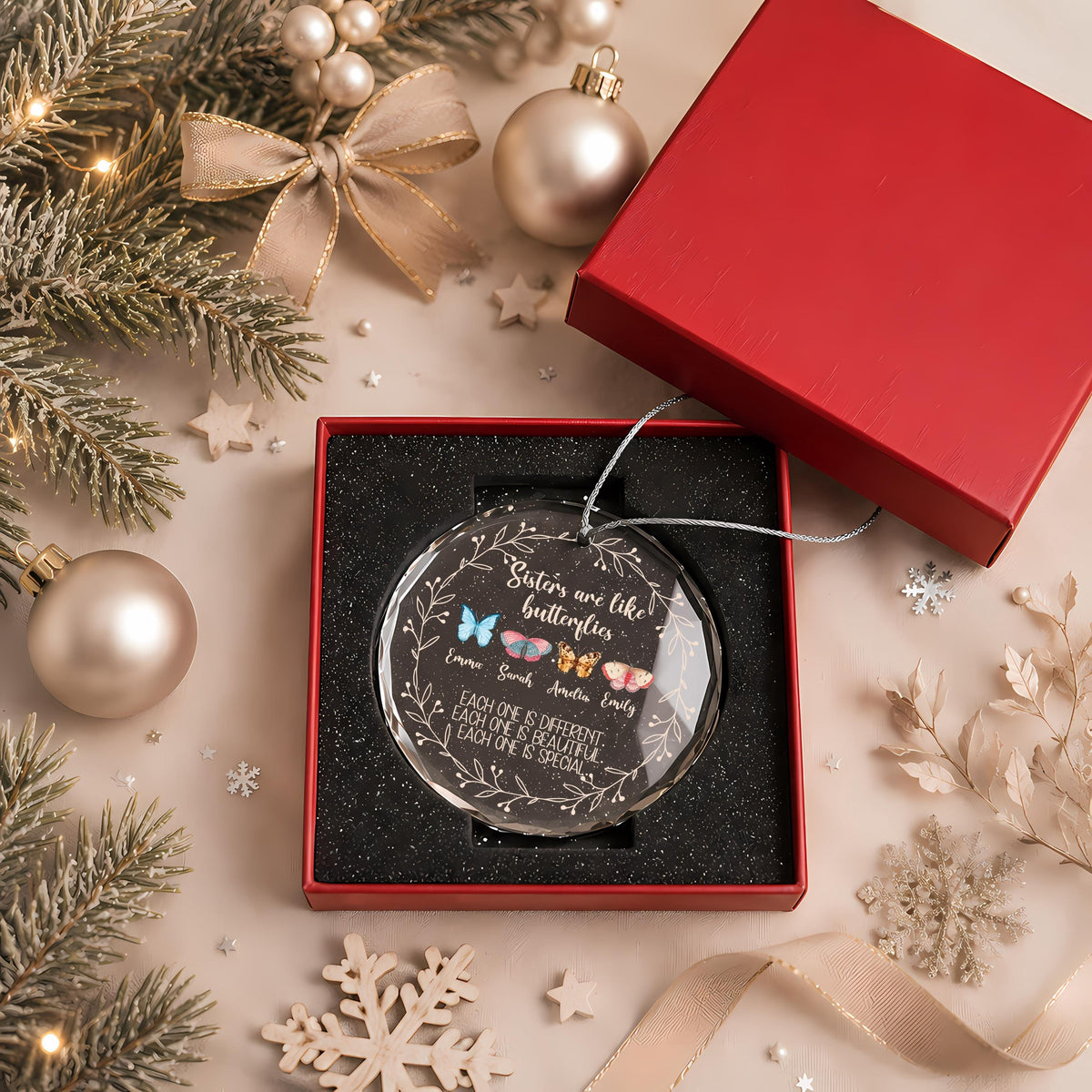 Custom Crystal Glass Ornament, Personalized Butterfly Sisters Gift (Round or Heart)