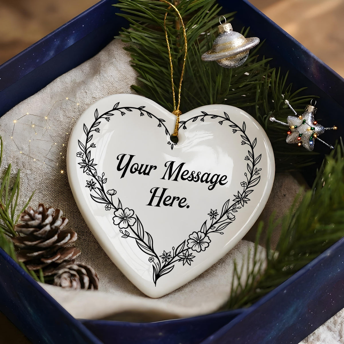 Personalized Ceramic Heart Ornament, Floral Border, Custom Message (2.75-inch)