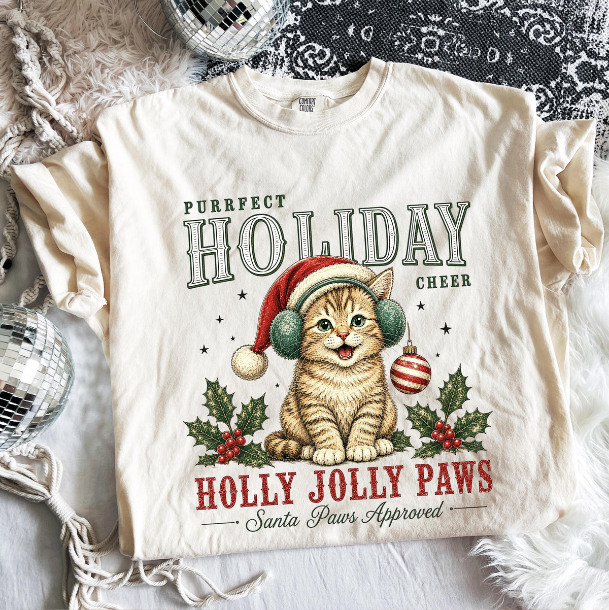 Christmas Cat Comfort Colors® T-Shirt, Santa Cat Xmas Tee, Cat Lover Holiday Gift
