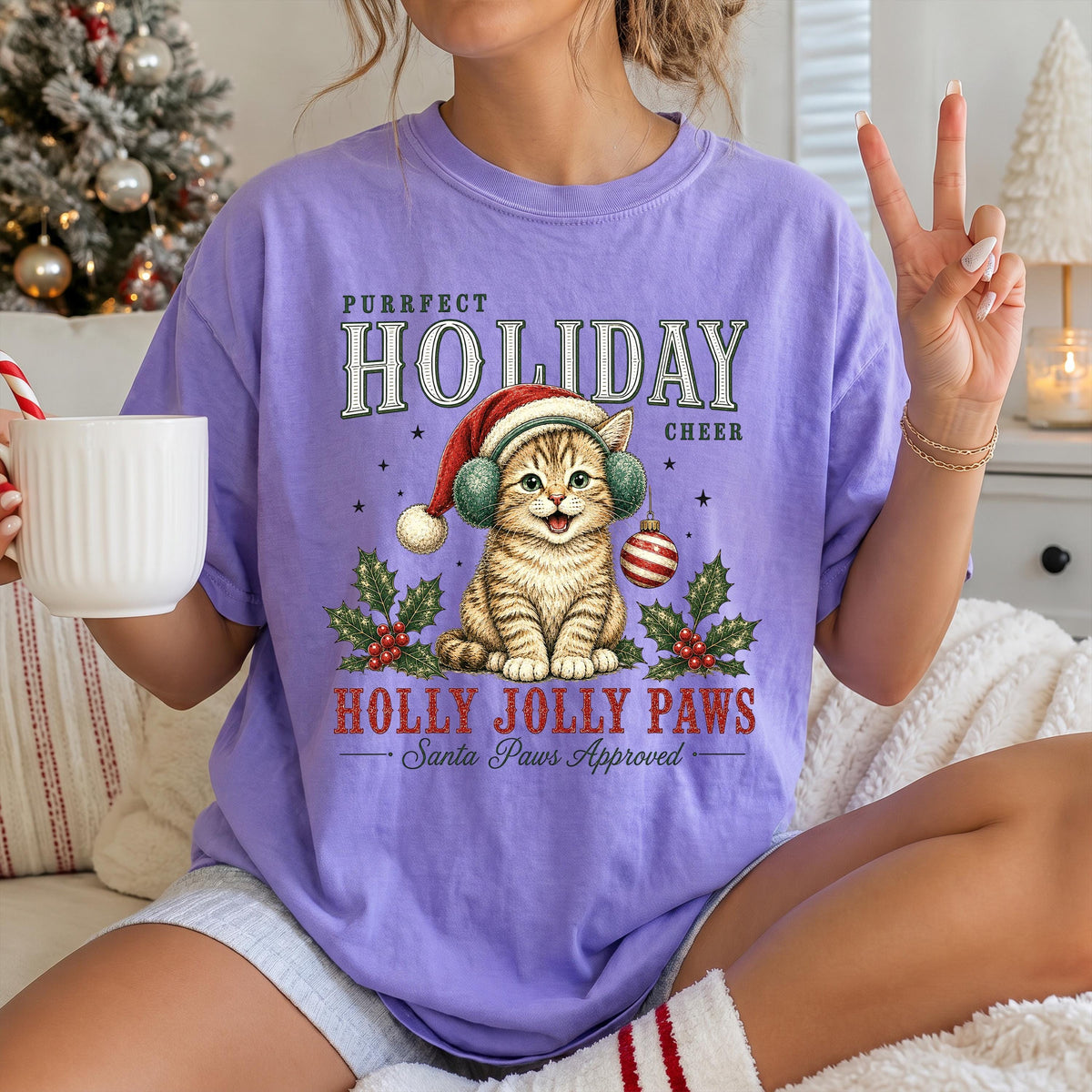 Christmas Cat Comfort Colors® T-Shirt, Santa Cat Xmas Tee, Cat Lover Holiday Gift