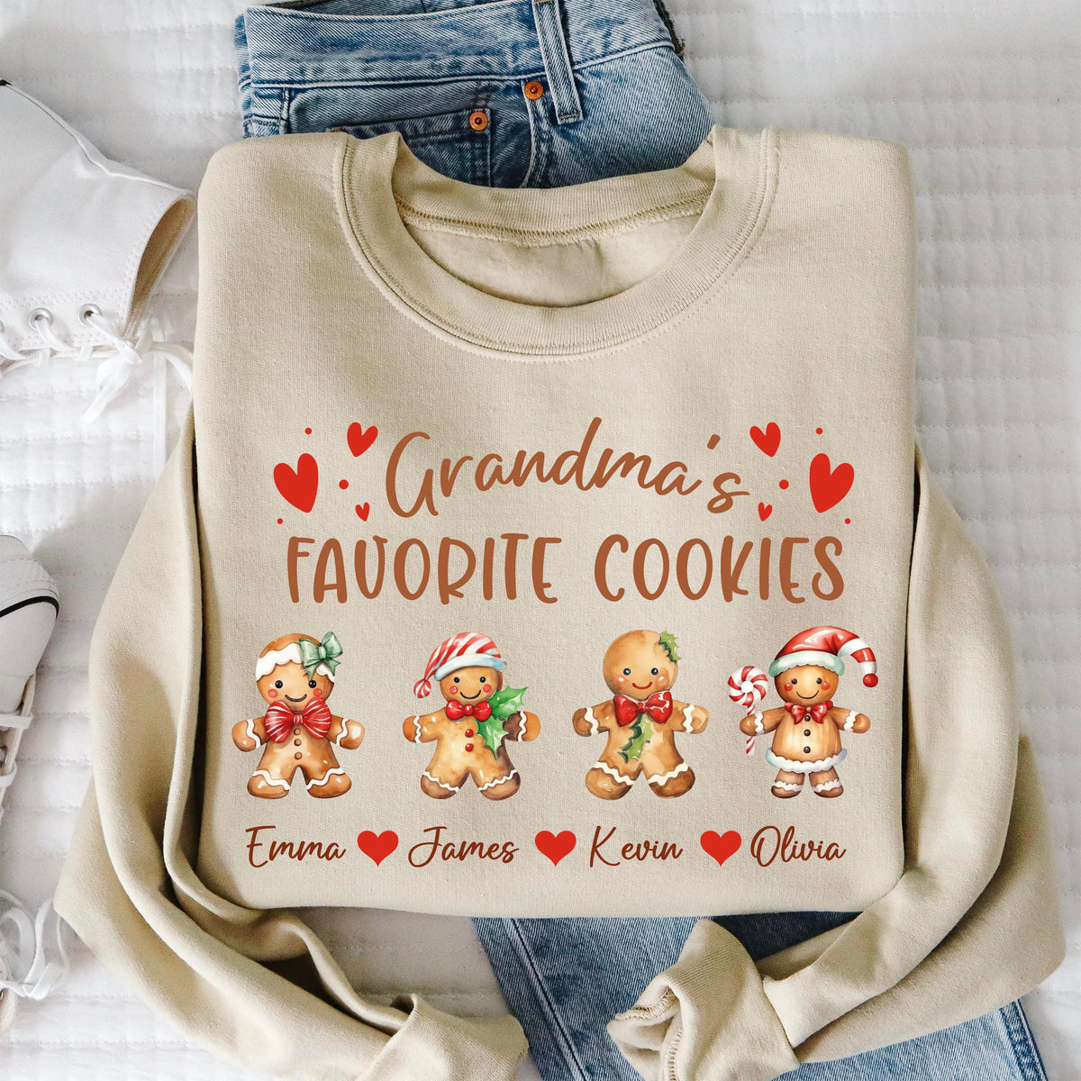 Grandma's Favorite Cookies Sweatshirt, Custom Grandma Christmas Tee, Xmas Shirt with Grandkids Names