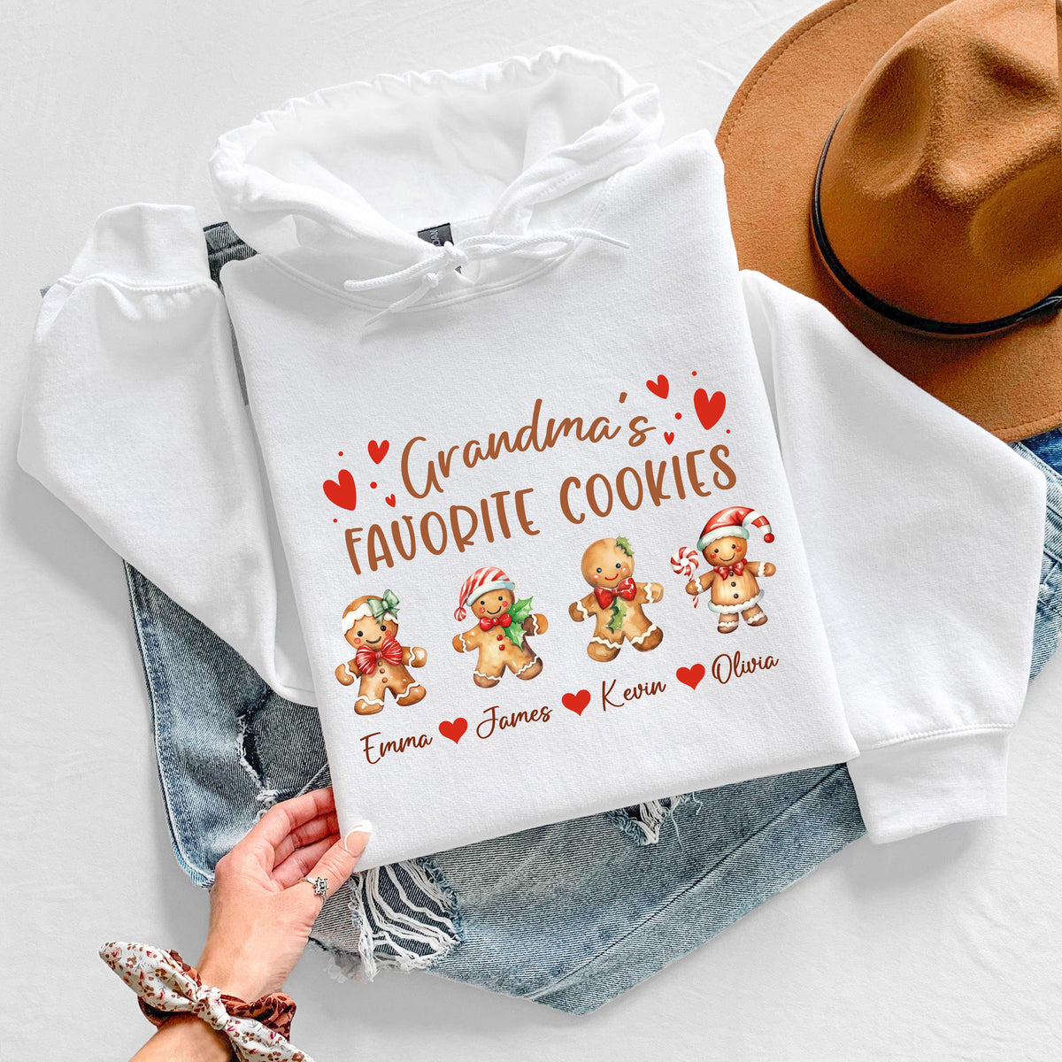 Grandma's Favorite Cookies Sweatshirt, Custom Grandma Christmas Tee, Xmas Shirt with Grandkids Names
