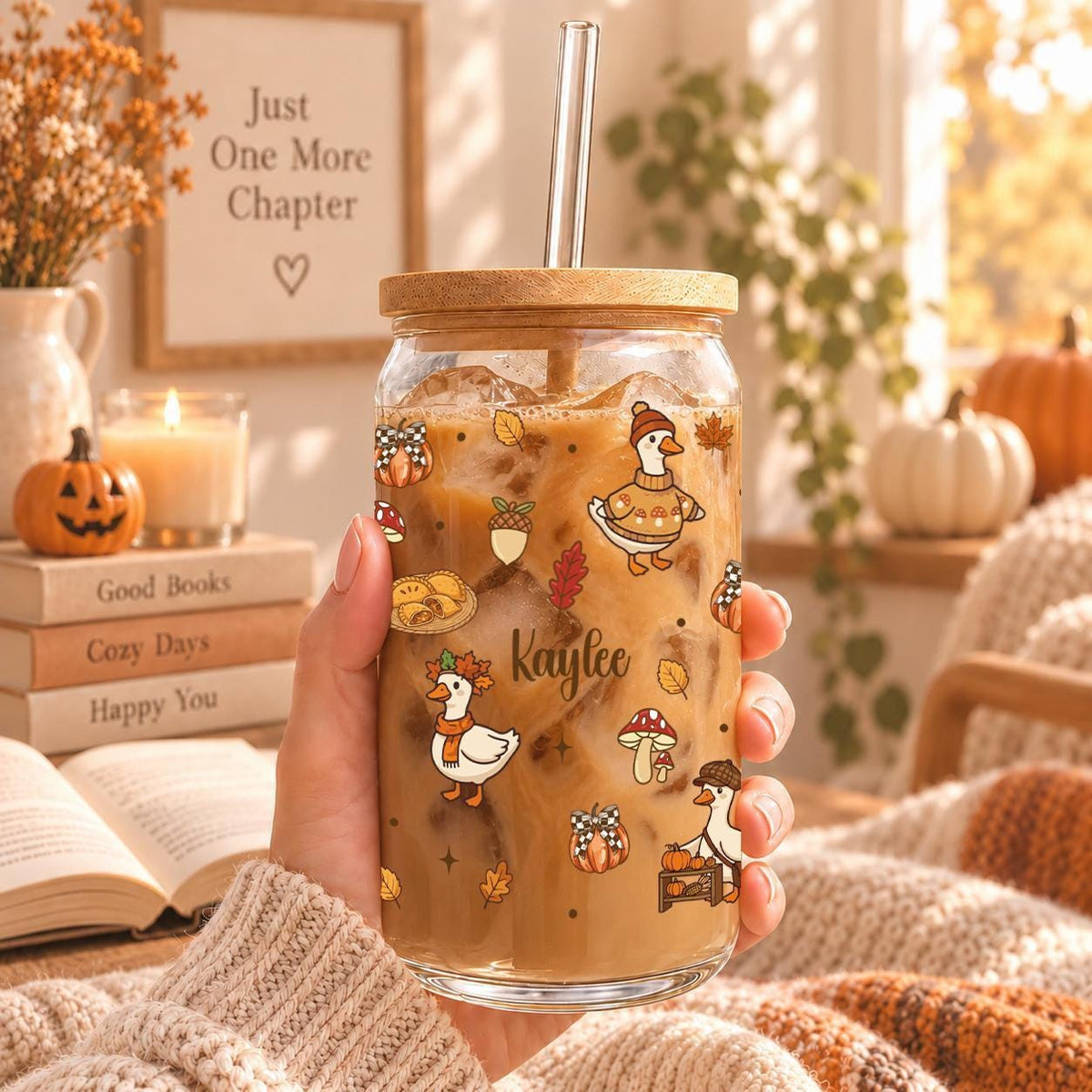Glass with autumn goose illustrations and a personalized name