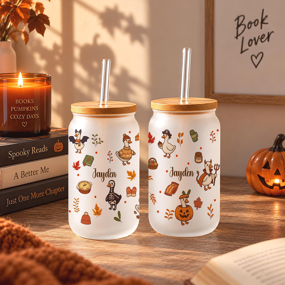 Glass with autumn goose illustrations and a personalized name