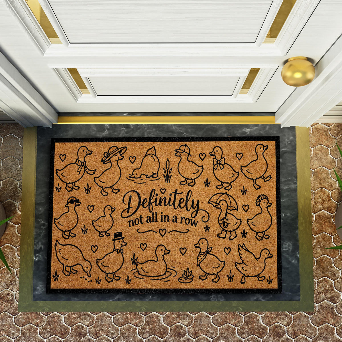 Doormat with dressed-up geese and "Definitely not all in a row" lettering