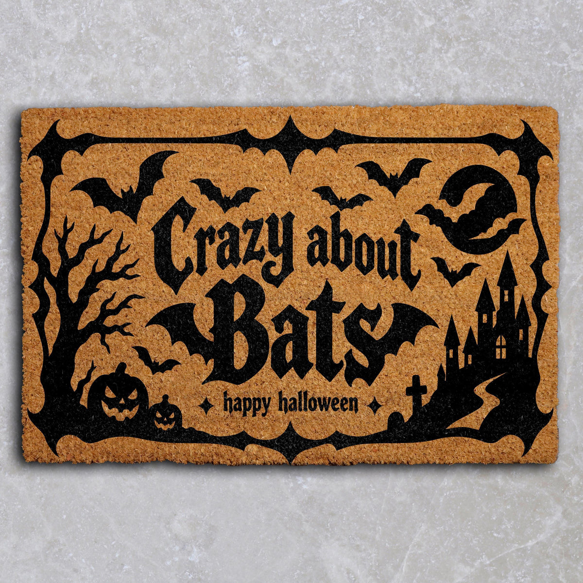 Doormat with bats, a castle and "Crazy about bats" lettering