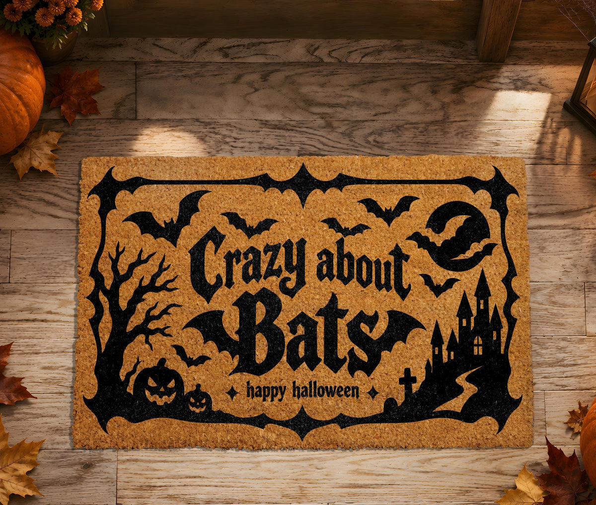 Doormat with bats, a castle and "Crazy about bats" lettering
