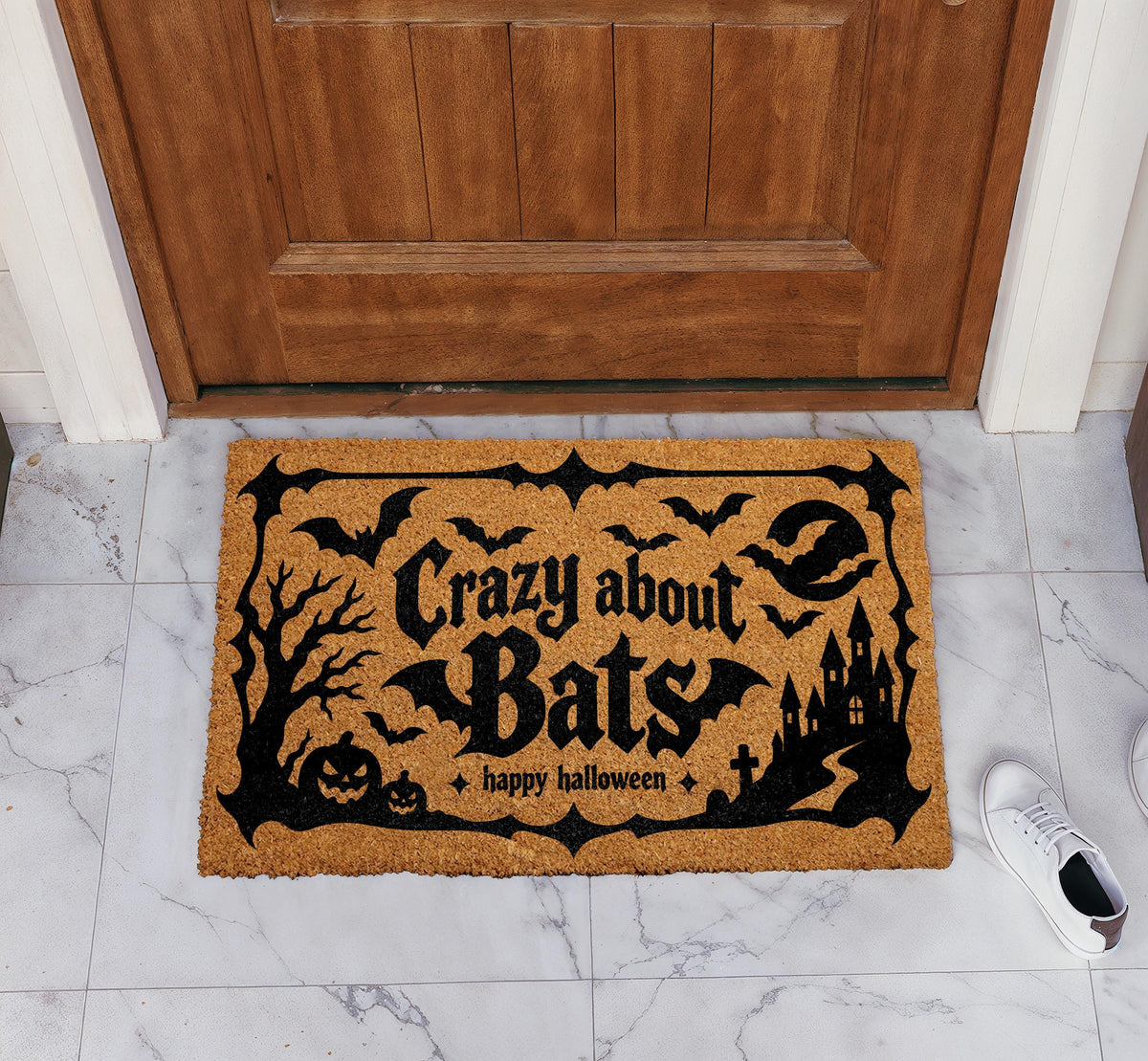 Doormat with bats, a castle and "Crazy about bats" lettering