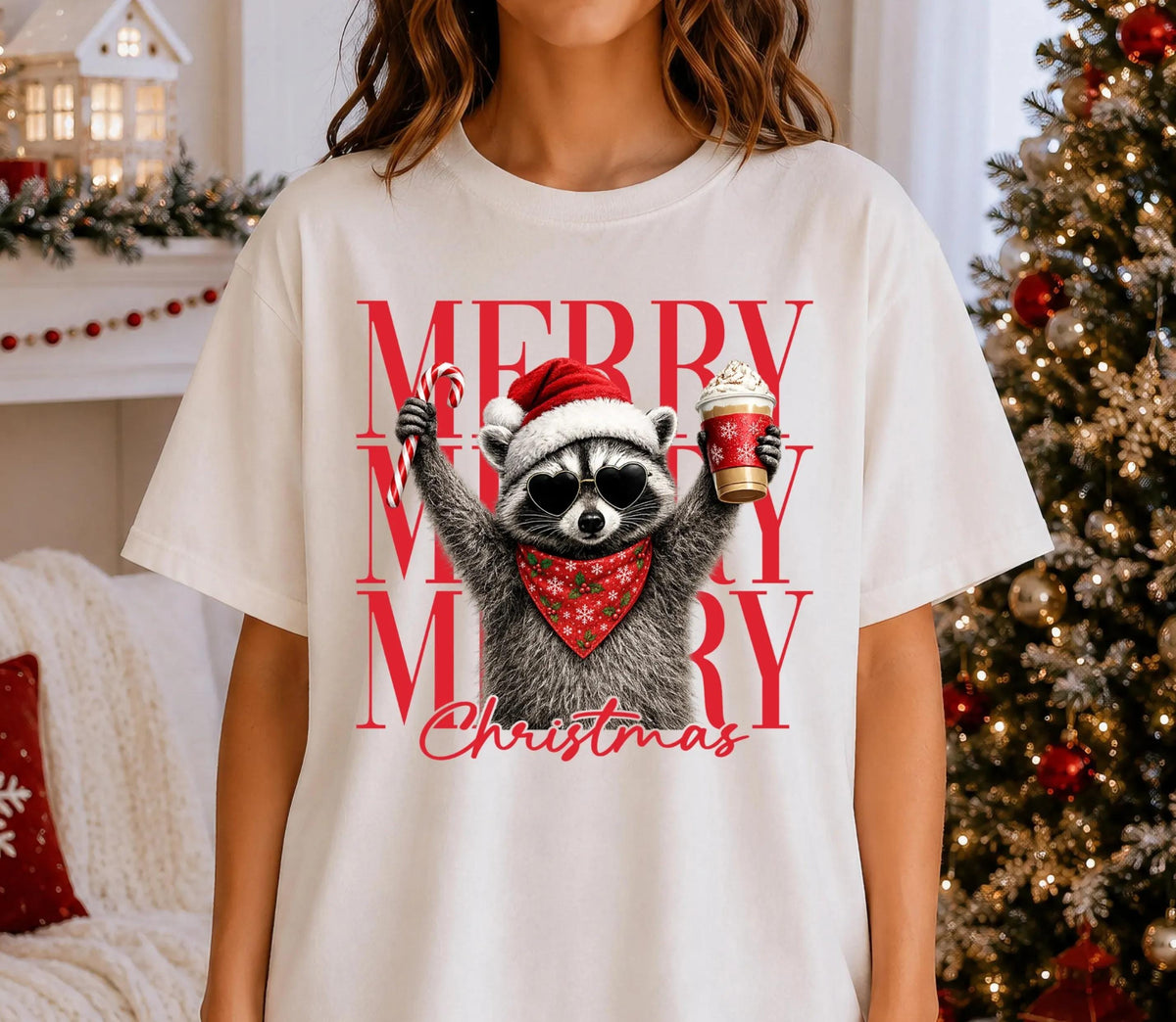 Raccoon Merry Christmas Comfort Colors® Shirt, Santa Raccoon Tee, Funny Holiday Gift