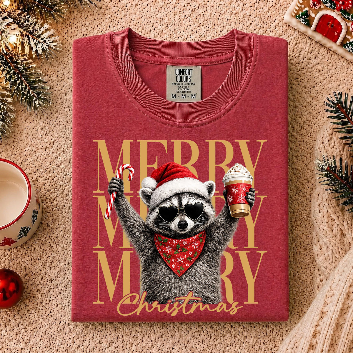 Raccoon Merry Christmas Comfort Colors® Shirt, Santa Raccoon Tee, Funny Holiday Gift