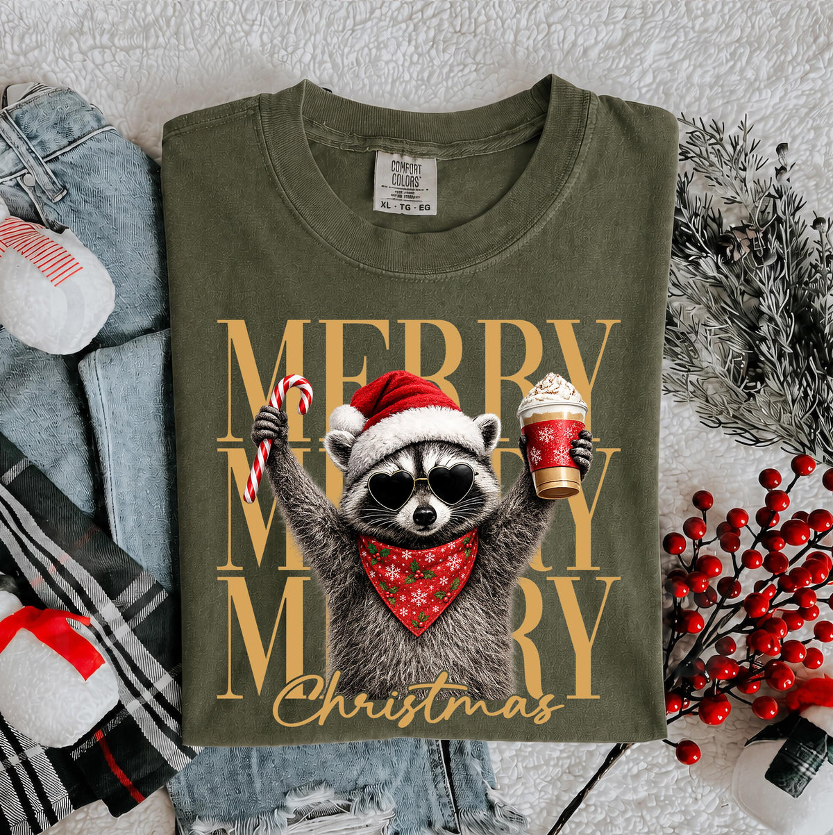 Raccoon Merry Christmas Comfort Colors® Shirt, Santa Raccoon Tee, Funny Holiday Gift